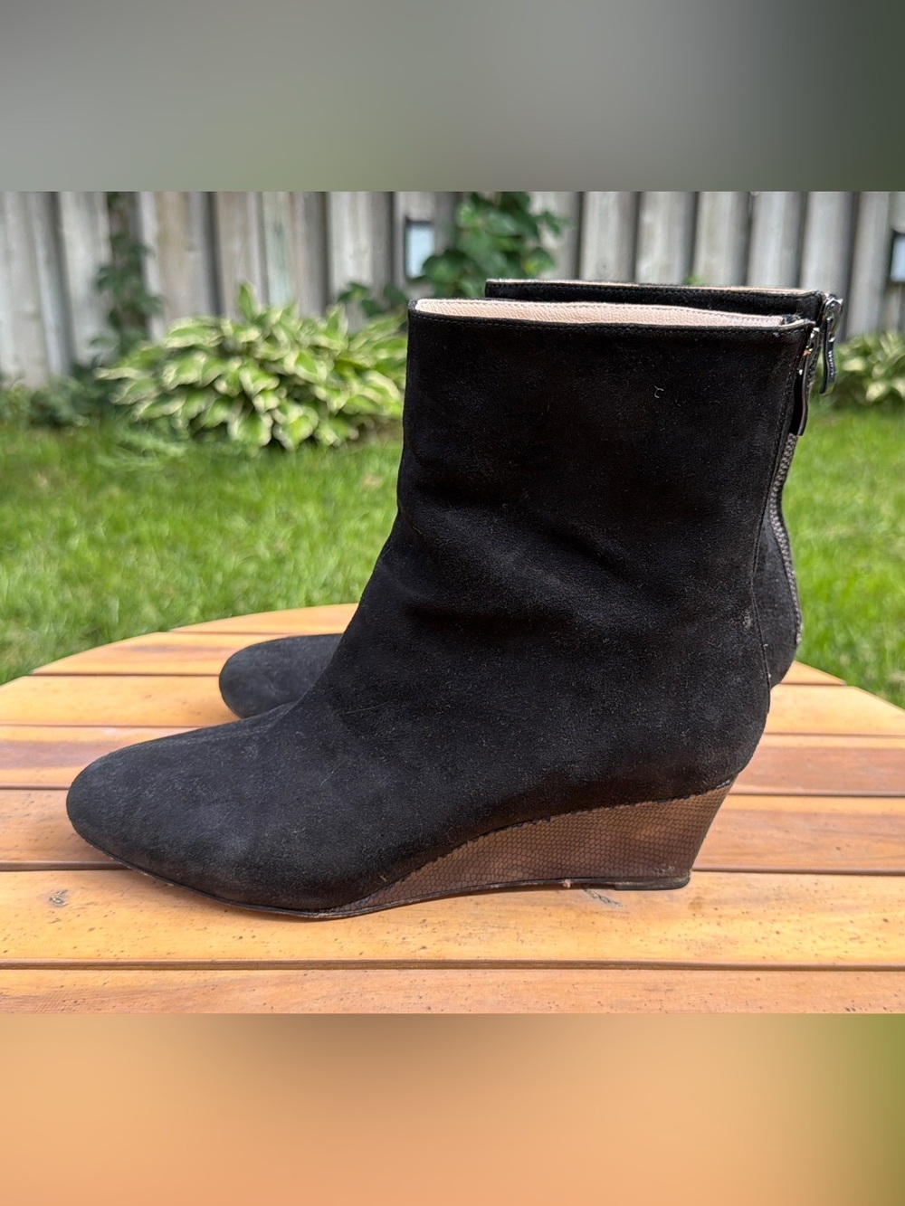 Ron White Teresa Black Suede Snake Embossed Wedge Ankle Boots Size 8.5
